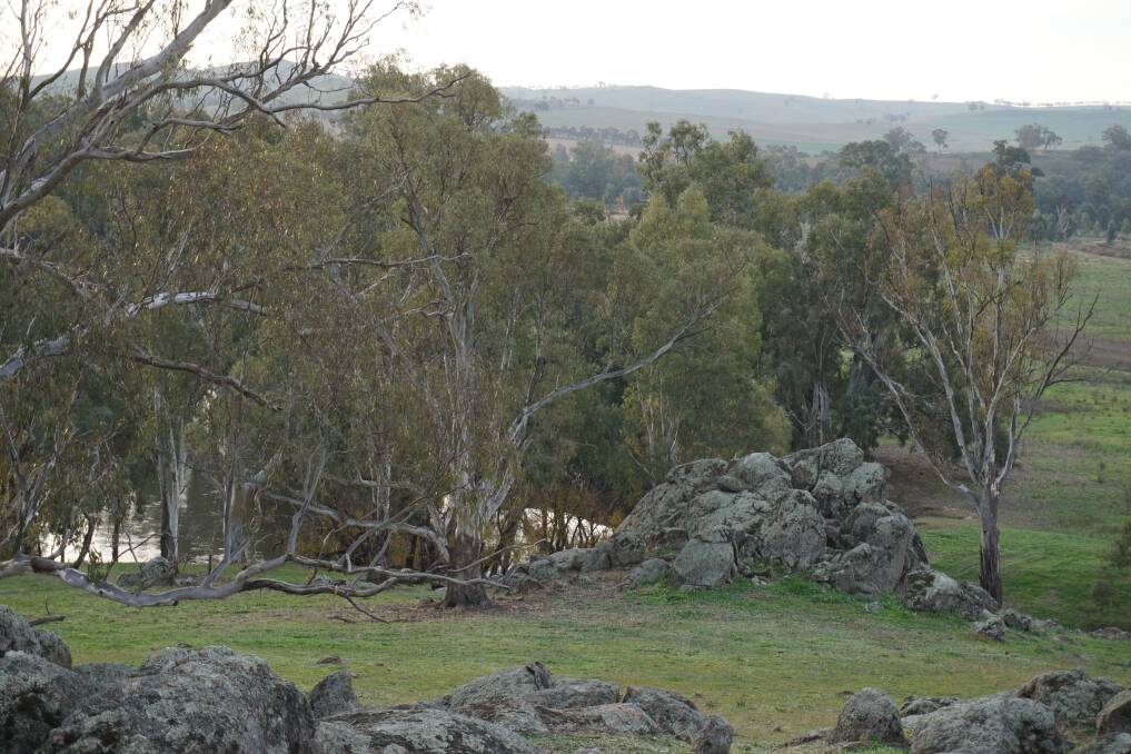 SPECIAL PLACE: This rocky outcrop (above) at Nick and Dea Austin's property on the Murrumbidgee River provided Albury artist Jo Davenport with inspiration for the Earth Canvas project.