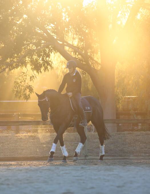 RISE AND SHINE: A behind-the-scenes glimpse of an early-morning rider tripping the light fantastic to prepare her mount for the show classes. Picture: ANN KILLEEN