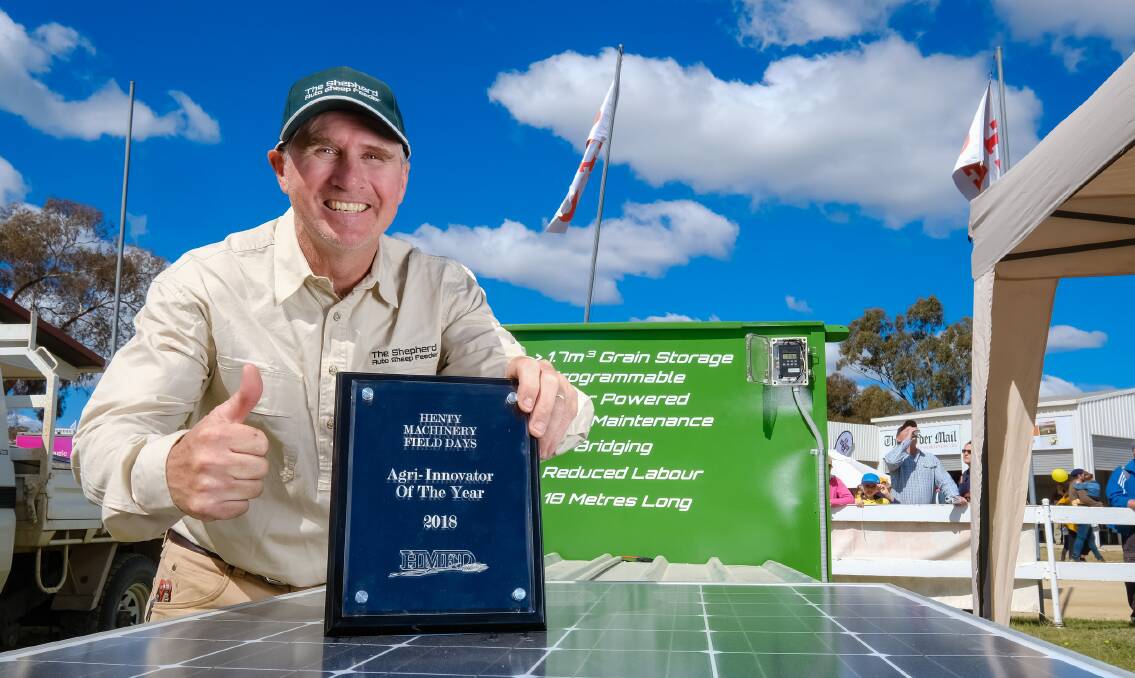 CALLING ALL INVENTORS: Justin Dunn, of Temora, who was the winner of the 2018 Henty Agri-Innovator of the Year Award with The Shepherd auto sheep feeder. Picture: SUPPLIED