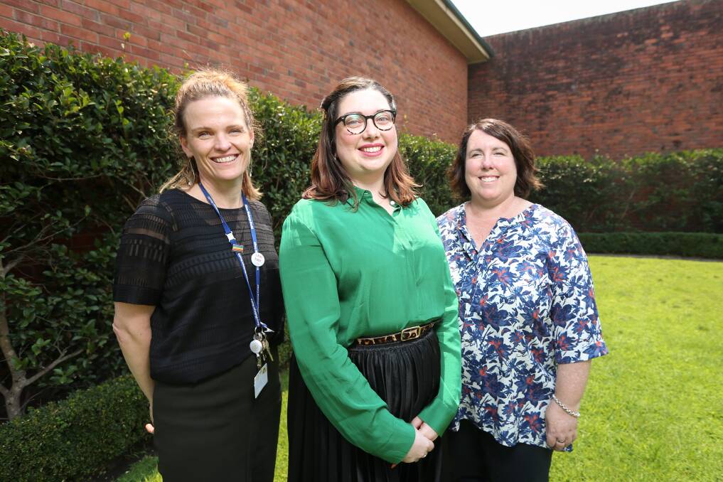 LISTENING: Australians For Mental Health campaign manager Emma Greeney (centre) meets Albury-Wodonga Health's re-design transition manager of mental health Leah Wiseman and executive director of mental health Lucie Shanahan.