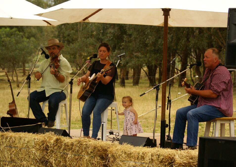 SHOW-STOPPER: Pint-sized fan Natalie Clancy, 2, joins Pete Denahy, Sara Storer and her brother Greg Storer on stage for the concert to support the Albury-Wodonga Regional Cancer Centre Trust Fund. Picture: RUSSELL GUEHO