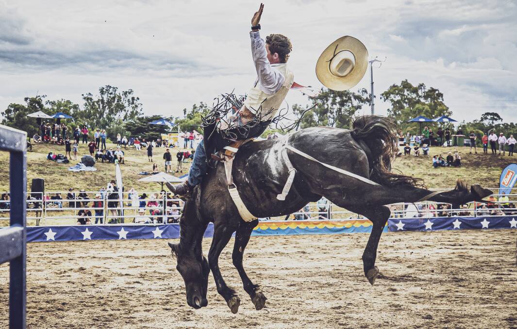 Wodonga's Jarrod McKane, 20, doing what he does best at the recent national rodeo titles at Chiltern. Photo: Andrew Roberts (A Roberts Media), official photographer for the Australian Professional Rodeo Association.