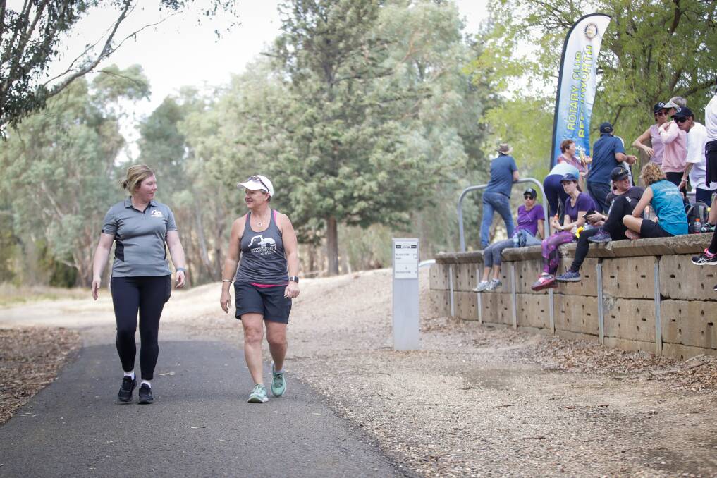 ON THE TRAIL: Liz Frazer with B2B founder Lisa Cartledge and fellow walkers during the first leg of their Beechworth to Bright walk. Picture: JAMES WILTSHIRE