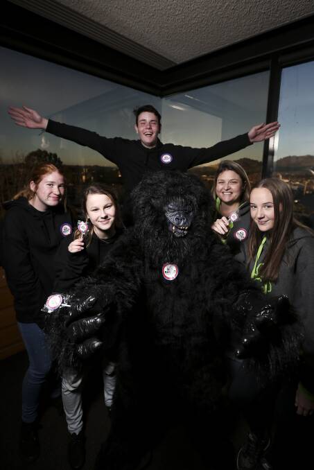BIG SHOUT: Aleisha Griffin, Brooke Quarrie, "gorilla" Rachel Habgood, headspace's Bree Cross, Madeline Carter, and Kyle Reeves (back). Picture: JAMES WILTSHIRE