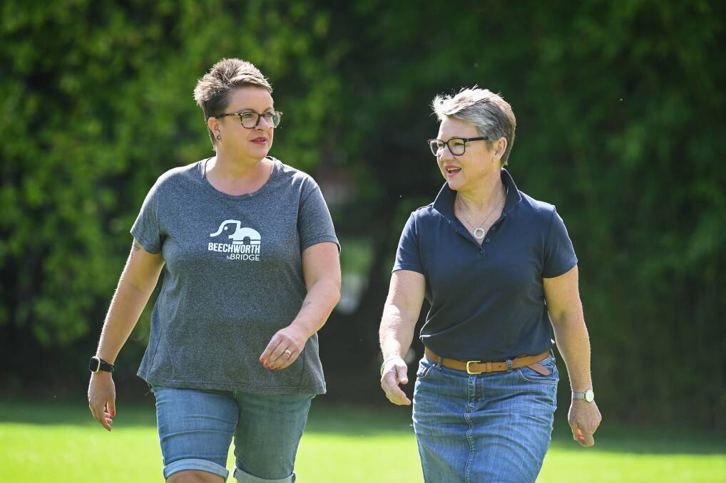 WALK, TALK, SUPPORT: Supporter Sally Hayden with Beechworth to Bridge suicide prevention walk founder Lisa Cartledge. PIcture: MARK JESSER