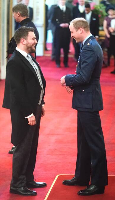THE PRINCE AND I: Mental health campaigner Jonny Benjamin was awarded an MBE (Member of the Order of the British Empire) by Prince William, who is a huge supporter of his work.