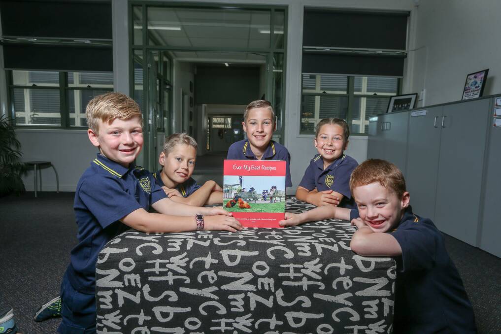 RECIPE FOR SUCCESS: Bandiana Primary School students Mace Cassidy, Sam Colombera, Oli Colombera, Caitie Colombera and Jase Barry at this week's cook book launch. PIcture: TARA TREWHELLA