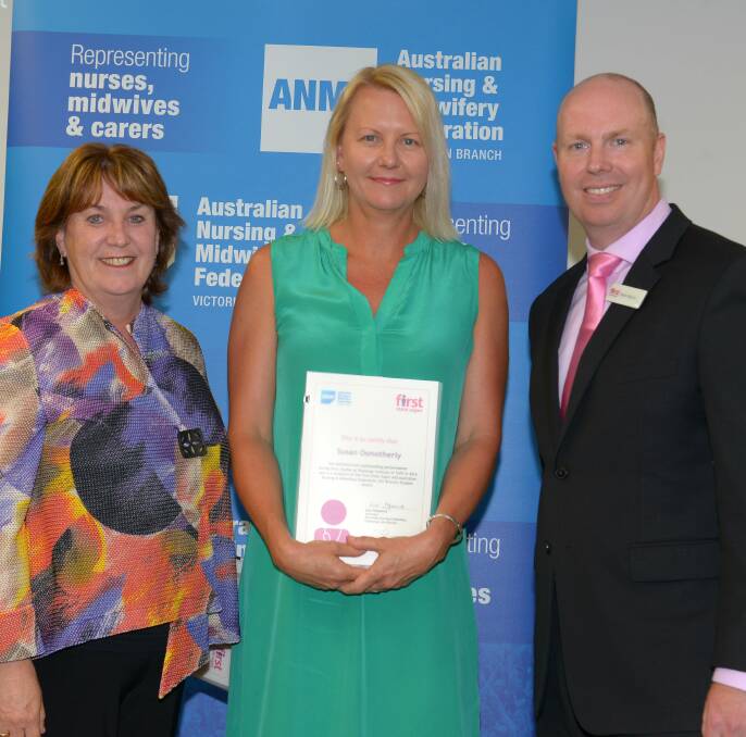 IN SAFE HANDS: Susan Osmotherly (centre) with Australian Nursing and Midwifery Federation's Lisa Fitzpatrick and First State Super's Mark Morris.  
 