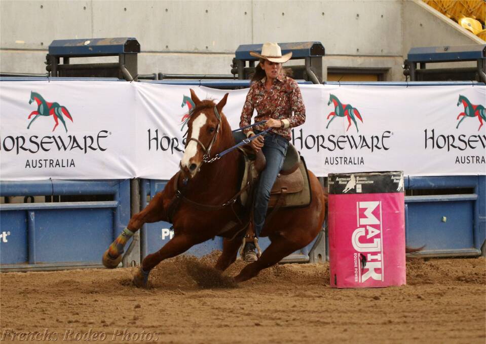 FAST-PACED: Lake Rowan's Tamlin Osborne, on her horse Charles, ran the fastest time recorded (17.260 seconds) at the Australian Barrel Horse National Finals held at Tamworth. Picture: FRENCHS RODEO PHOTOS