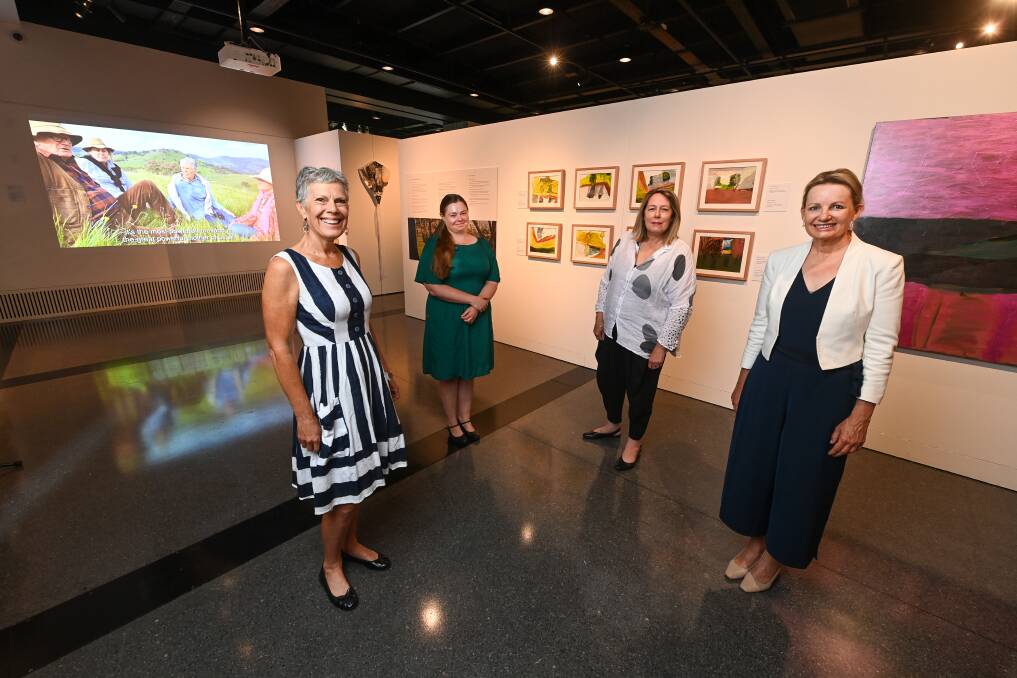 WIDER AUDIENCE: Albury's Earth Canvas founder Gillian Sanbrook with the Library Museum's Emma Williams, artist Jo Davenport and Farrer MP Sussan Ley announcing a national tour of the exhbition. Picture: MARK JESSER