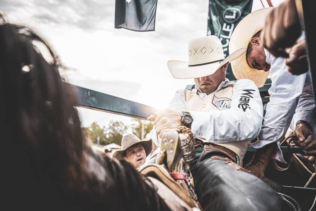 Jarrod McKane settles himself in the chute. Photo: Andrew Roberts (A Roberts Media), official photographer for the Australian Professional Rodeo Association.