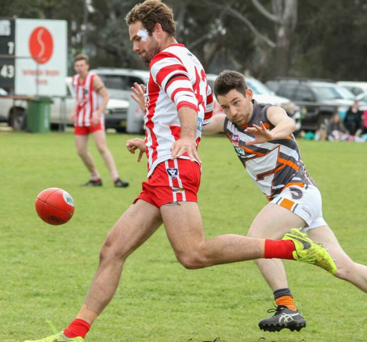 Former AFL player Jared Brennan kept up his fitness playing for Henty's reserves against Rand-Walbundrie-Walla at Walbundrie on Sunday. Picture: AMANDA THOMAS