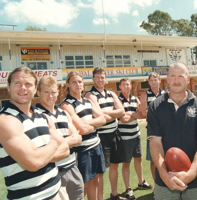 Hargreaves (left) with Yarrawonga's recruits and coach Peter Seymour before the start of the 1999 season. 