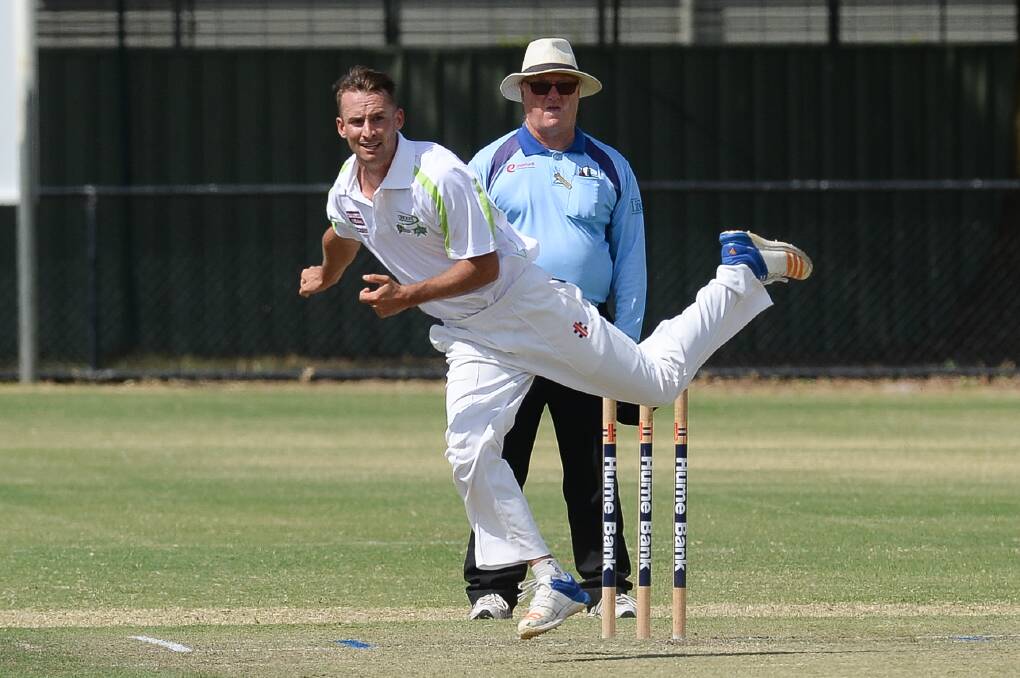 CAW bowler Sam Stephens sends down a delivery against Temora at Les Cheesley Oval on Sunday. Pictures: MARK JESSER