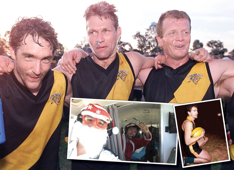 Stephen Clarke with Osborne premiership teamates Craig Smith and Tony Geddes. Inset: Clarke dresses up as Santa on Christmas Day while working for the Royal Flying Doctor Service.