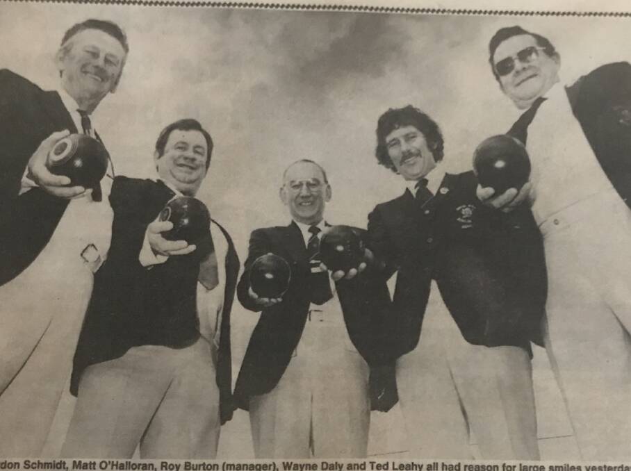 Wayne Daly (second from right) after Howlong won the state grade five pennant title in 1987. Daly and his teammates were inducted into Albury and District Bowling Association's Hall of Fame following the victory.