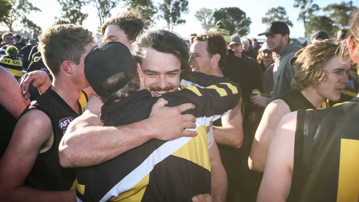 Centreman Pat Delaney joins in the celebrations after Osborne's grand final victory over Jindera in 2017.