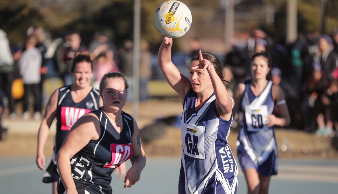 Mitta United's Bethany Wilson in action against Rutherglen. The Cats won to consolidate their hold on third spot. Pictures: JAMES WILTSHIRE