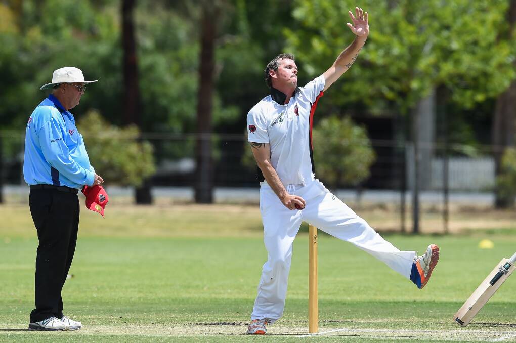 Aaron Hoskin sends down a delivery for the Spiders against Corowa at Howlong on Saturday. He picked up two wickets.