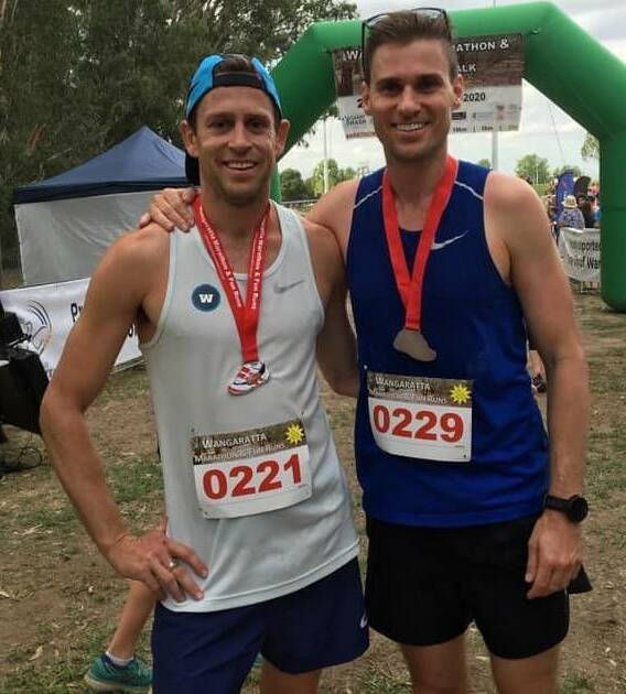 Wagga brothers Jared and Justin Kahlefeldt after finishing first and second at the Wangaratta Marathon on Sunday.