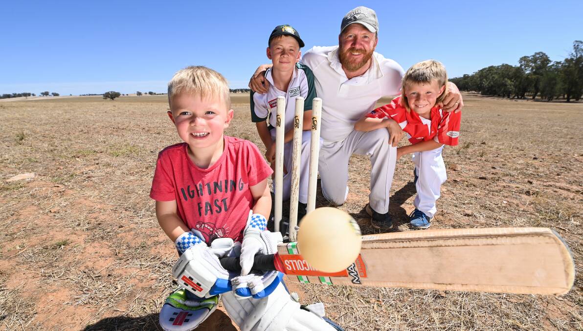 Henty's Matt Klemke and his children Azariah, Jordan and Micah are looking forward to Friday's Batting for Change National Backyard Cricket Day clash at Yerong Creek. Australian coach Justin Langer is an ambassador of the fundraiser. Picture: MARK JESSER