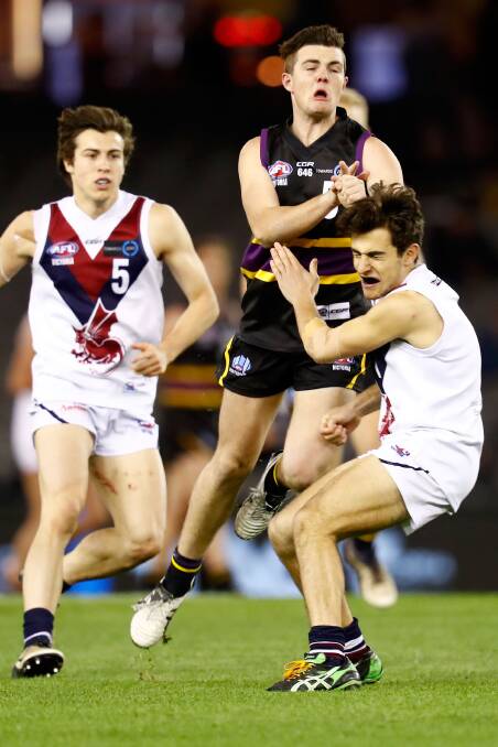Fletcher Carroll in action for the Murray Bushrangers against Sandringham Dragons in the 2016 TAC Cup grand final.