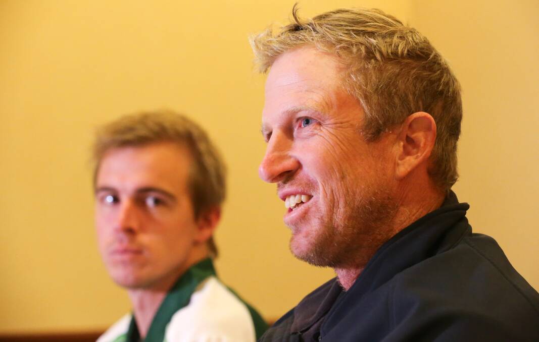 TALKING TOUGH: Ovens and King and Hume league coaches Jeremy Wilson and Brent Piltz at Wednesday's press conference. Picture: KYLIE ESLER