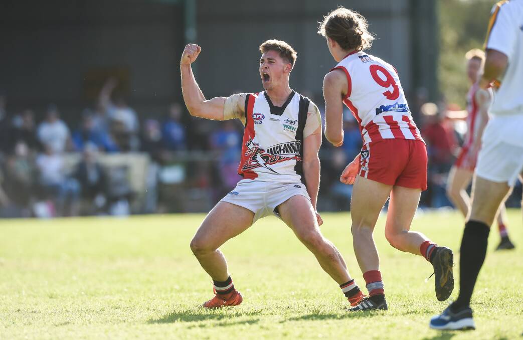 YOU BEAUTY: Brock-Burrum's Ron Boulton celebrates a goal during their win over Henty at Walbundrie on Saturday. Picture: MARK JESSER