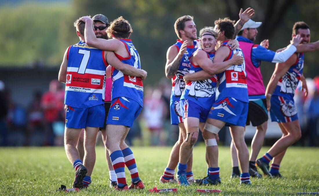 Bullioh players celebrate this year's Upper Murray league grand final win over Federal.