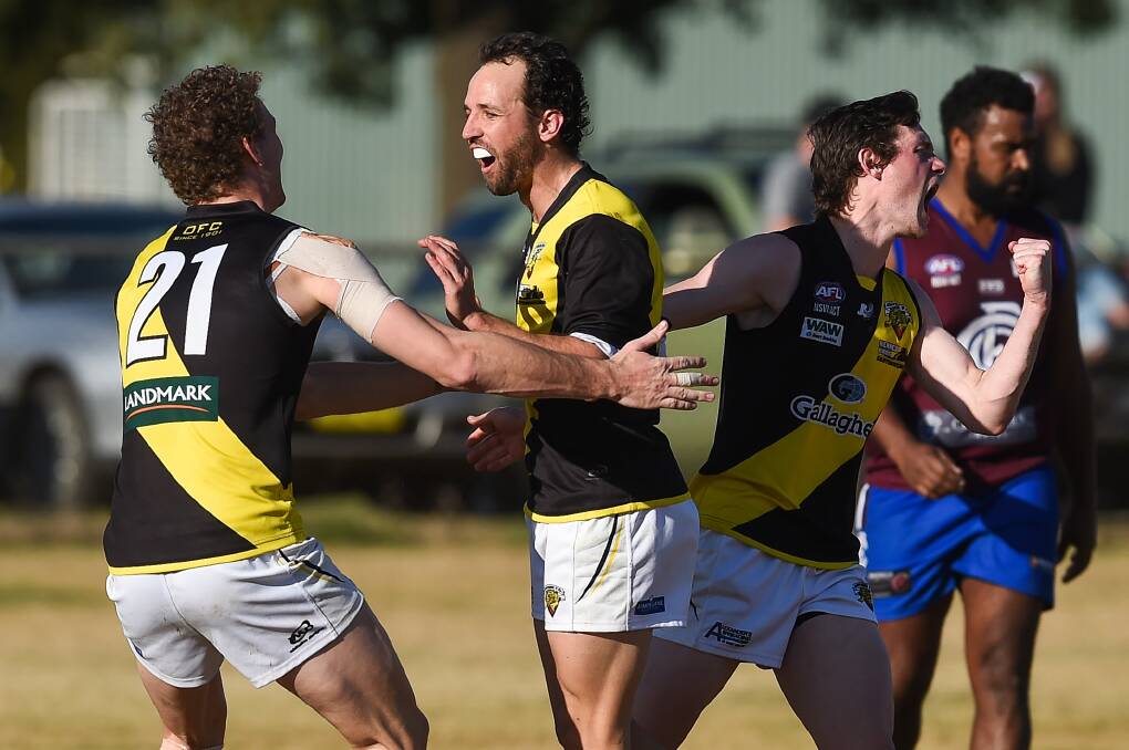 Osborne players celebrate a goal against Culcairn during this year's finals series. The Tigers will launch their season against Brock-Burrum at Osborne. Picture: JAMES WILTSHIRE