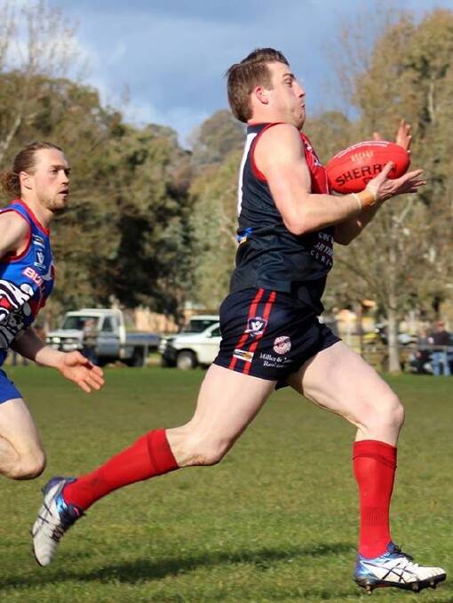 ON THE CHARGE: Corryong's Mitch Harris could kick a bag against Border-Walwa on Saturday. He has kicked 11 goals in the past three matches. Picture: DEB HARRAP
