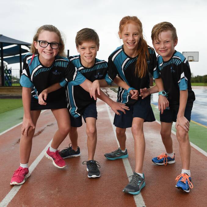 READY FOR ACTION: Wodonga South's Caliann Skeers, 10, Kekoa Scott, 12, Malia Scott, 12, and Cooper Hansford, 9, are gearing up for the Nail Can Hill primary school event. Picture: MARK JESSER
