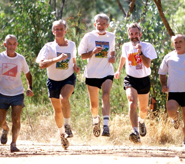 Max Scherleitner, Rob Simmons, Lester Sawyer, Clive Vogel, and Peter Harper ran in the inaugural Nail Can Hill Run in 1977.