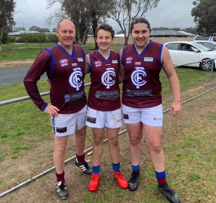 Former Culcairn defender Paul Smith played with his sons Noah and Ronan in the reserves against Jindera last weekend.