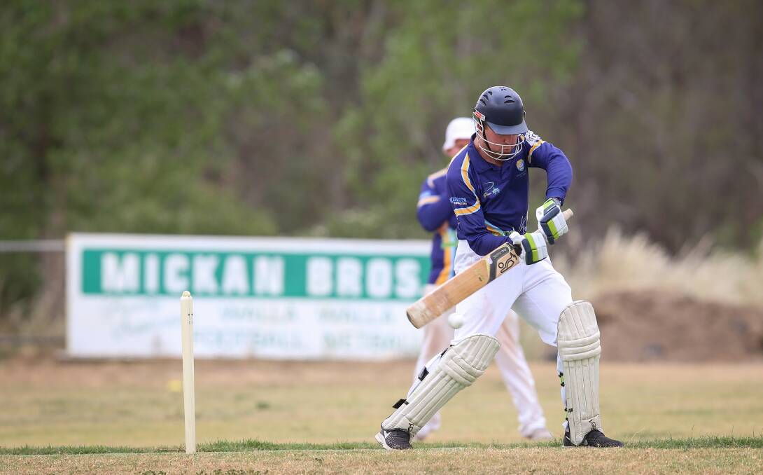 Rand batsman Daniel Lieschke plays a shot through the off-side during the Pigeons' win over Walla at Walla on Saturday. Pictures: JAMES WILTSHIRE