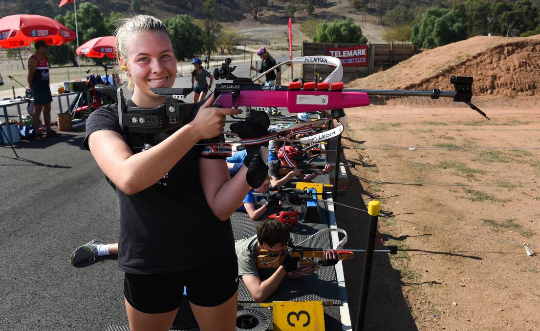 RIGHT ON TARGET: Wodonga's Jorja Cullen, 15, fine tunes her skills on the range during a North-East biathlon camp. Picture: MARK JESSER