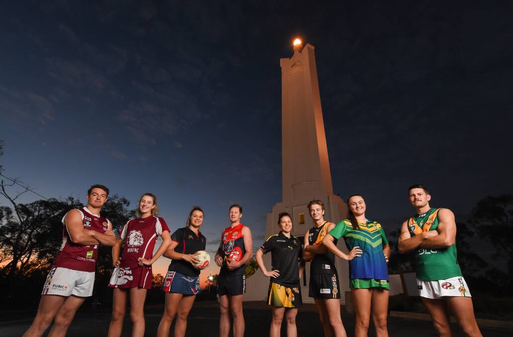 Wodonga's Daniel Wortmann and Jess Barton, Wodonga Raiders Brooke Pryse and Alex Daly, Albury's Justine Willis and Riley Bice and North Albury's Elyse Boyer and Ryan Polkinghorne ahead of their Anzac Day matches. Picture: MARK JESSER