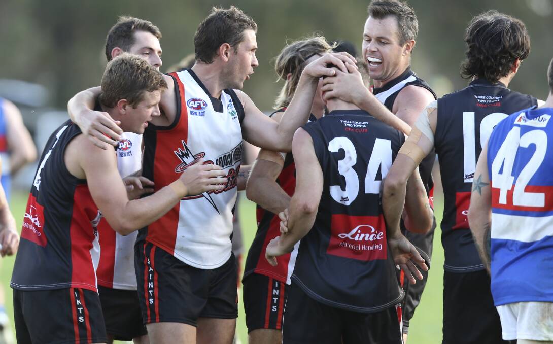 TEAM TO BEAT: Brocklesby-Burrumbuttock players celebrate a goal in Saturday's win over Jindera. Picture: ELENOR TEDENBORG