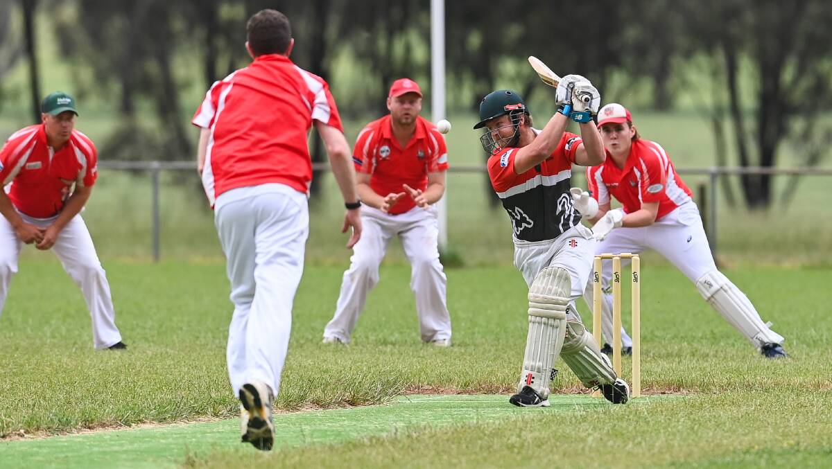 Saint all-rounder Darcy I'Anson swings hard against Henty earlier in the season. His side is sitting third on the ladder.