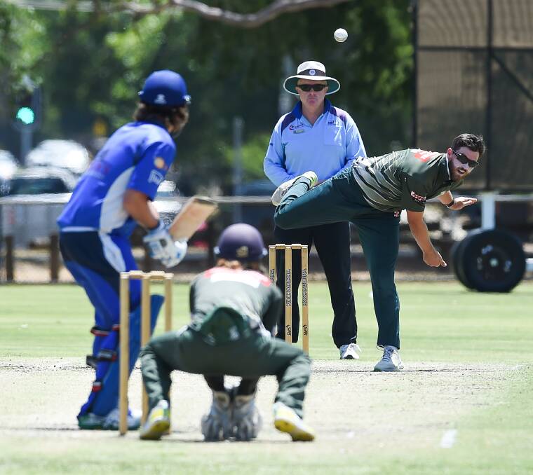 St Patrick's Nick Flood sends down a delivery against Albury at Billson Park on Saturday. Albury comfortably claimed its third win in its past four matches. Picture: MARK JESSER