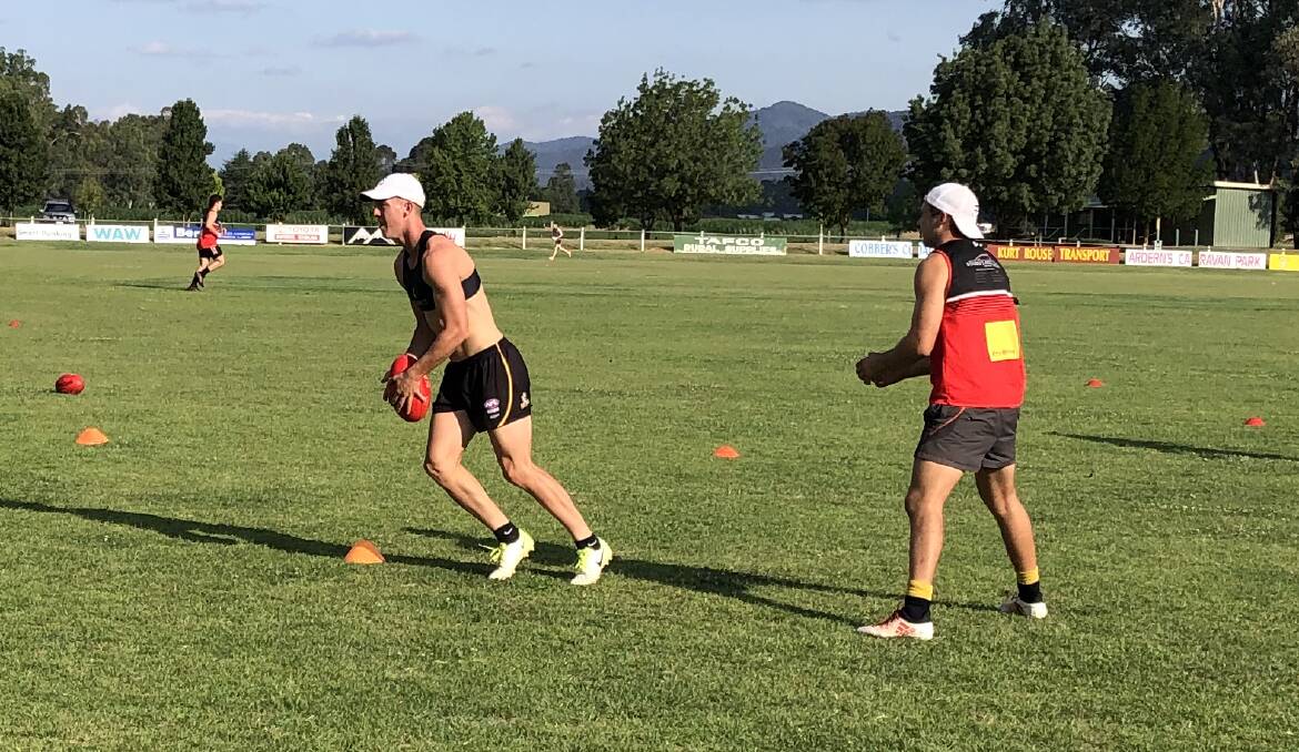 Myrtleford's Will Quirk in action during a training drill at McNamara Reserve this week. The Saints are looking to build on last season's preliminary final loss to eventual premier Lavington.