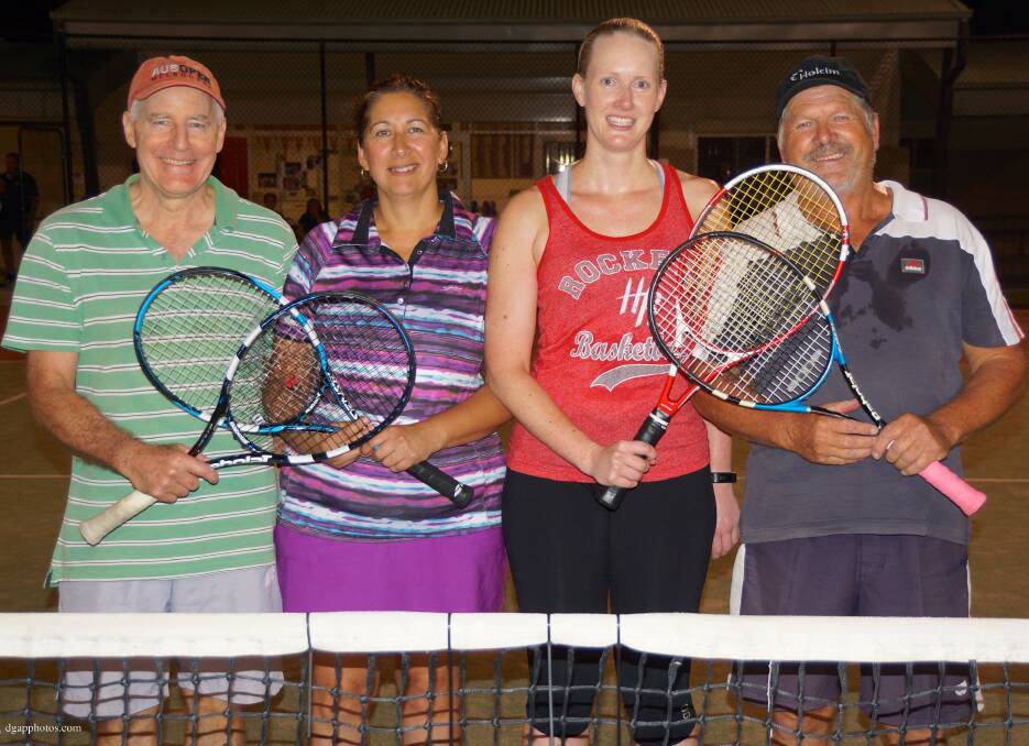 WINNERS ARE GRINNERS: Mustang players Murray Scholz, Alison Eaton, Kris Young and Michael Glabbatz took out the Wednesday night gold section. Picture: DAVID GORDON
