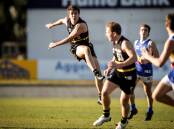 GOING LONG: Wodonga Raiders' youngster Declan Everett drives the Murray Bushrangers into attack during their narrow loss to ladder leader Eastern Ranges on Saturday. Picture: JAMES WILTSHIRE