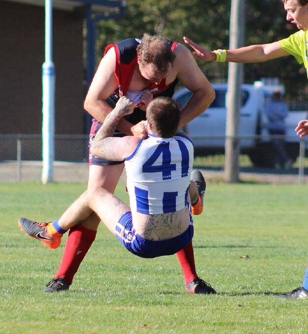 Corryong's Thomas Nicholas was in no mood for games against Tumbarumba on Saturday. The Roos dominated from the outset, winning by 123 points. Picture: DEB HARRAP