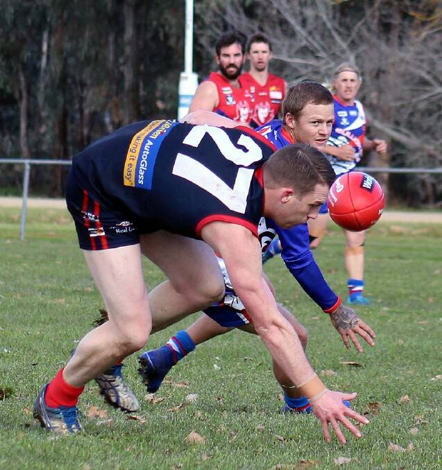 Corryong's Mitch Harris kicked the Demons' only two goals against Bullioh on Saturday. Picture: DEB HARRAP