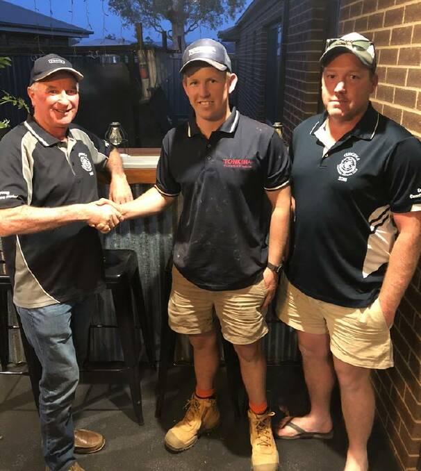 Cudgewa coach Brayden Carey with president Greg Hillier and assistant-coach Luke Bloom. The Blues have been active on the recruiting front with eight players committing.