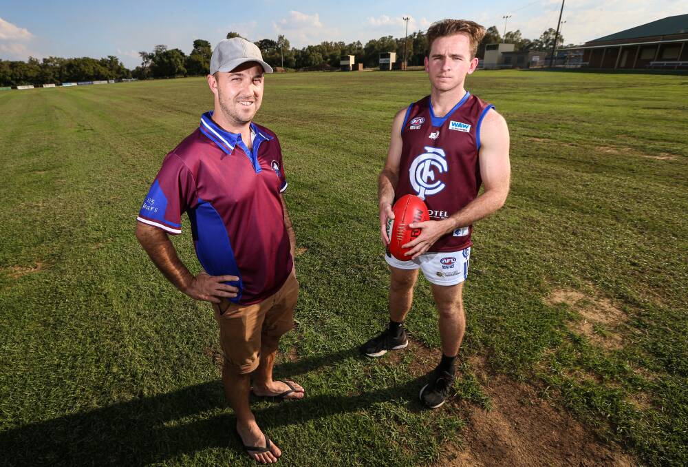 ALMOST: Culcairn president Jesse Kent and senior player Pat Wall look over Culcairn's resurfaced ground this week. Picture: JAMES WILTSHIRE
