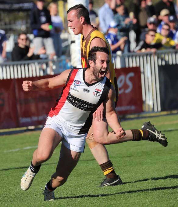 Guy Ward celebrates a goal for North Wagga during last year's Farrer league grand final.