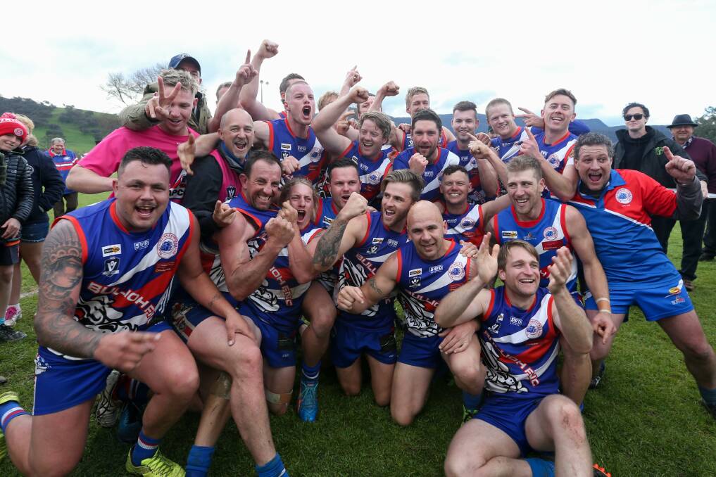Bullioh players celebrate this year's grand final victory over Cudgewa.