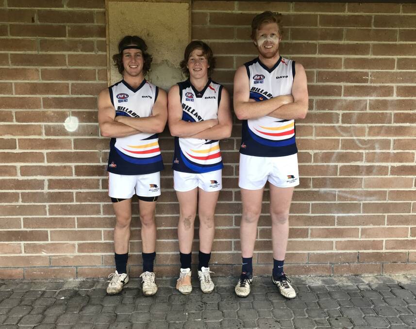 BROTHERS IN ARMS: Siblings Riley, Logan and Zac Kerr played together for the first time in senior football for the Billabong Crows at the weekend.
